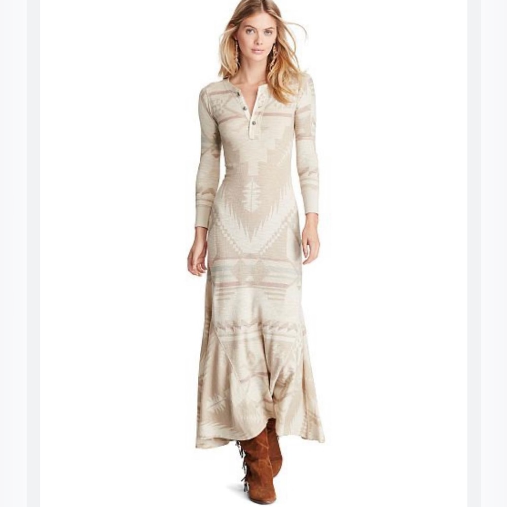 Polo Ralph Lauren Waffle Knit Maxi Southwest Thermal Henley Dress LRG beige NWT